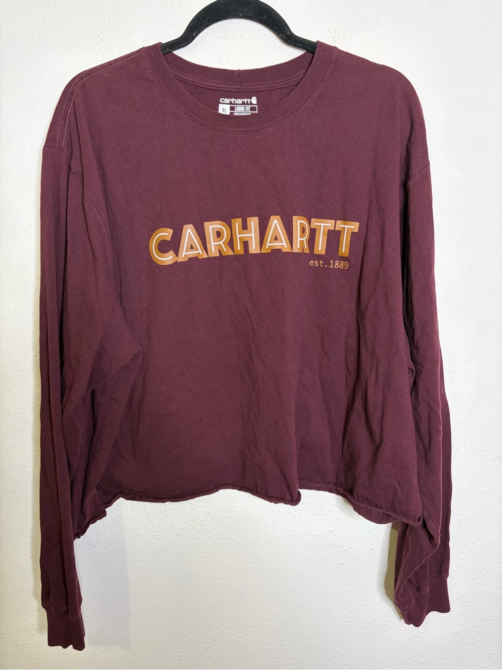 Carhartt cropped cut off Long-Sleeve Logo Tee in Burgundy oversized XL tshirt
